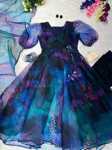 Vestido Anarkali con volantes completos y estampado floral de seda Georgette pesada de último diseñador para mujer, vestidos informales y de fiesta para mujer - Product Image 6