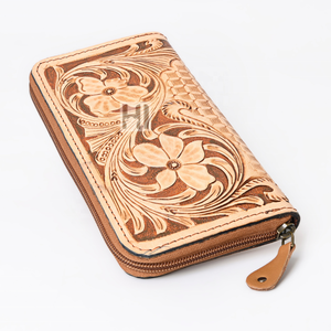 Portefeuille unisexe en cuir véritable Crazy Horse, style vintage floral, fermeture éclair, blocage RFID, fait main, style western - Product Image 5