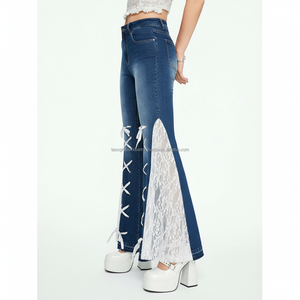 Jean évasé Y2K décontracté pour femme, respirant, avec lacets et rubans, patchwork de dentelle blanche, denim coloré, vente en gros - Product Image 4