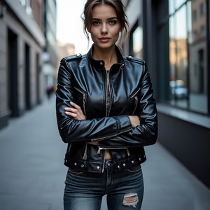 Chaquetas con cremallera de cuero genuino de ajuste regular para mujer al por mayor | Chaqueta de cuero de motocicleta con cuello levantado para exteriores para mujer - Product Image 4