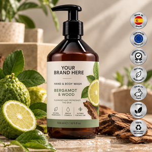Jabón de Manos y Cuerpo de Bergamota y Madera de Marca Privada 500ml OEM |   Gel Limpiador Vegano Natural |   España UE - Product Image 1
