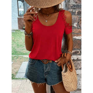 Blusa de viscosa con cuello redondo y hombros descubiertos para mujer, 37755 - Rojo - Product Image 1