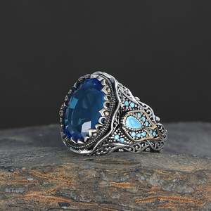 Anillo de Hombre de Plata de Ley 925 de Alta Calidad, Estilo Otomano, con Piedra de Ágata Yamen Natural, Hecho en Turquía, Azuris - Product Image 3
