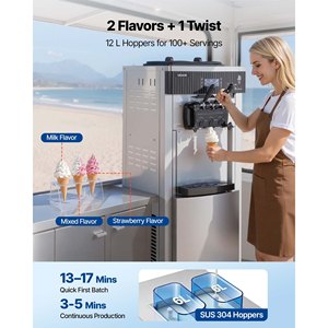 เครื่องทำไอศกรีมซอฟต์เสิร์ฟเชิงพาณิชย์ VEVOR 2200W ผลิตได้ 20-28 ลิตร/ชั่วโมง 3 รสชาติ แบบตั้งพื้น พร้อมถังบรรจุ 2 ถัง ขนาด 6 ลิตร - Product Image 5