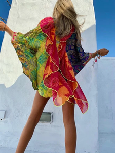 Bohemian Style Fully Frilled Collar With Digital Printing Designer Multicolor <b>Kaftan</b> Short Beach Wear <b>Kaftan</b> Dress for Women OEM - Product Image 6
