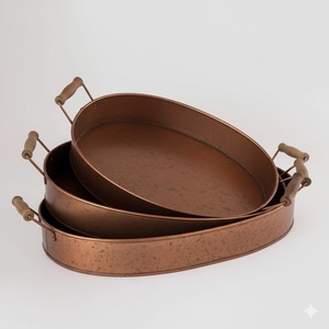 Bandeja Ovalada de Metal Galvanizado Plateado Antiguo con Asa de Madera, Juego de 3 para Servir Bebidas y Aperitivos en el Hogar y Hoteles - Product Image 2