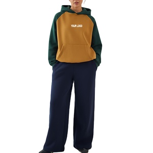 <b>Modest</b> Women Color Block Tracksuit <b>Set</b> 500GSM Cotton Fleece Hoodie Wide Leg Pants Winter Streetwear Wholesale - Product Image 1