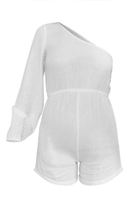 Tissé crêpe une épaule maternité blanc froncé fromage tissu une épaule combishort pour les femmes robe d'été au prix de gros - Product Image 6