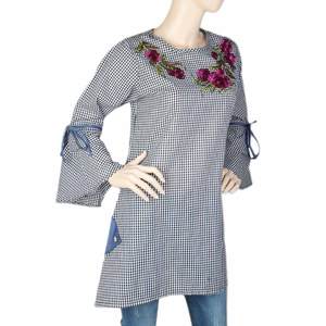 Blusa a Cuadros Bordada para Mujer - Blanco y Negro - Product Image 2