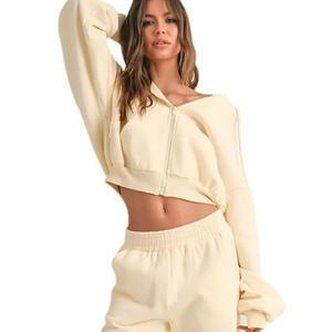 Alta calidad Color sólido personalizado Zip up Drop Shoulder globo mangas Oversized Crop Top Hoodie para mujeres - Product Image 1