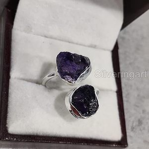 Bague pour femme en argent sterling 925, pierre précieuse améthyste naturelle, pierre de naissance de février, double pierre, bijoux faits à la main pour Noël - Product Image 2