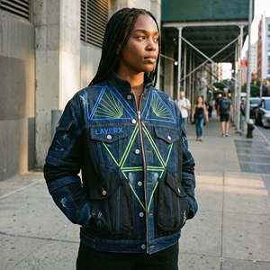 Veste en jean surdimensionnée personnalisée pour femme, imprimé 3D en relief, géométrique, écologique, coupe-vent, doublure en fausse fourrure, patchwork, effet vieilli - Product Image 1