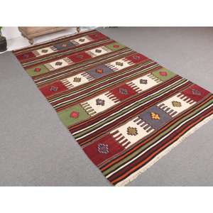 Alfombra Turca Vintage de 5.3x9.2 pies (161x280 cm), Alfombra de Lana Roja Kilim - Product Image 1