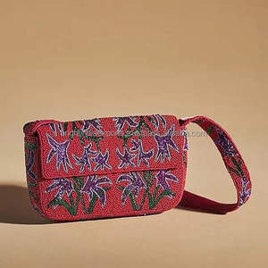 Handmade Beaded Red Clutch Bag With Purple Floral Pattern Cross-Body Strap <b>For</b> Evening Party - Product Image 1
