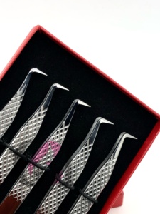 Ensemble de pinces à cils en acier inoxydable 5 pièces, pointe de précision lisse, poignée diamantée, emballage en boîte - Product Image 2