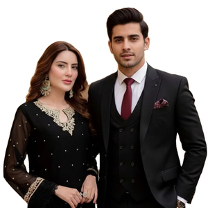 Femme élégante portant un kurta en mousseline noire avec des broderies dorées détaillées autour du décolleté et des poignets - Product Image 1