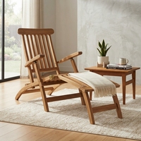 Chaise longue de jardin pliable et portable en teck massif avec repose-pieds et sommier à lattes pour terrasse et patio