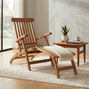 Outdoor Solid Teak Wood <b>Steamer</b> <b>Chair</b> Reclining Lounger Footrest Slatted Deck Patio Sunbed Setup Art Design Decor - Product Image 3