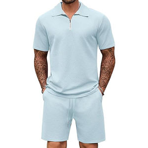 <b>Men's</b> Breathable Light Blue Athletic Jogging Sports Outfits Casual 2-Piece Quarter Zip Polo Shirt Shorts Set <b>Tracksuit</b> - Product Image 2