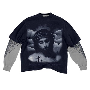 เสื้อเจอร์ซีย์ผ้าฝ้าย100% สำหรับผู้ชายเสื้อยืดคอกลมแขนยาวสองชั้นพิมพ์ลายดิจิตอลสีพื้น - Product Image 1