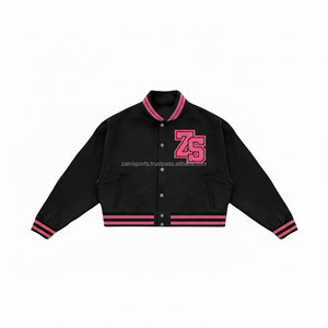 Veste universitaire en mélange de laine de qualité supérieure 320 GSM noir rose côtes contrastées broderie en chenille personnalisée Logo Design veste universitaire pour hommes - Product Image 1