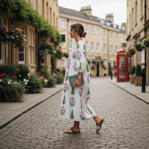 Robe midi à imprimé à la main, robe en coton bohème à fleurs, style d'été confortable pour femmes - Product Image 4