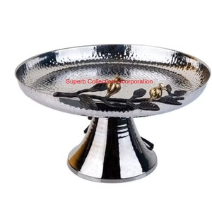 Handmade Decorative Hammered Metal <b>Cake</b> <b>Stand</b> With Golden Pomegranate & Leaf Accents Elegant Silver Pedestal Serving Platter - Product Image 1