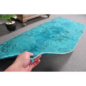 พรมตุรกีวินเทจ2.9x6.7ft ฟ้าคลาสสิกทำด้วยมือขนกำมะหยี่ขนยาวขนแกะเย็บปะติดปะต่อกันด้านหลังของห้องโถงสี่เหลี่ยมผืนผ้าสำหรับวัยรุ่นที่อยู่อาศัย - Product Image 4