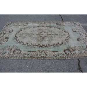 Tapis Vintage Turc 5.4 X 8.8ft Vert Beige Laine avec Motif Abstrait Style Tabriz pour Entrée ou Couloir 9x12 Rectangle - Product Image 3