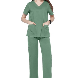 Women's 2 Piece Medical <b>Scrub</b> <b>Set</b> Short Sleeve Wide Leg Hospital Nurse Uniform Woven Stretch <b>Scrubs</b> Custom Color OEM Suit <b>Set</b> - Product Image 1