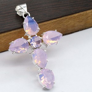 Wholesale Vintage Brass Jewelry Assorted Geometric <b>Crystals</b> Plus-Shape Rose Quartz Main Stone Pendant Cheap Religious Parties - Product Image 2