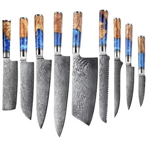 Handmade High Quality Damascus Steel Chef Knife Set 9-Pcs Ambidextrous Blue Resin Leather Sheath <b>Kitchen</b> <b>Camping</b> Survival Knives - Product Image 1