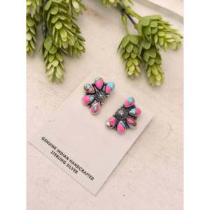Navajo Handmade Cotton Candy Dahlia & <b>Turquoise</b> <b>Stud</b> <b>Earrings</b> Sterling Silver Post Cluster Bezel Setting Flower Inlay for Gift - Product Image 3