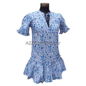 Vestido Midi en Línea A, 100% Algodón, Hecho a Mano en India, para Mujer, Cuello en V, Manga Corta, Estampado Floral Digital, Ecológico y Moderno - Product Image 4