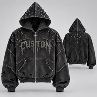 Sweat à capuche zippé pour homme avec strass, logo personnalisé, en coton, coupe oversize, effet délavé vintage, style streetwear, OEM