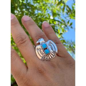 Navajo-Crafted Pear Shaped Sleeping Beauty Turquoise Sterling <b>Silver</b> Thunderbird <b>Ring</b> Bezel Set <b>Opal</b> Size 7.25 for Everyday Wear - Product Image 2