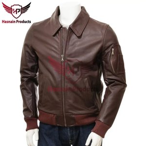 Mens Brown Genuine Leather Bomber Jacket Classic Rib Knit Hem Shirt Collar Zipper Casual Slim Fit Leather <b>Coat</b> - Product Image 2