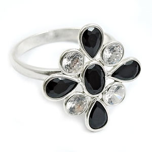 Dainty Engagement Ring for Her 925 Sterling Silver Black White Cubic Zirconia <b>Flower</b> Shape Ring Handmade Jewelry Bulk Suppliers - Product Image 1