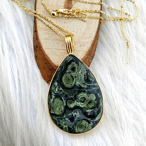 Women's fashion natural kambaba jasper long teardrop pendant necklace 18k gold plated cable chain adjustable needle necklace - Product Image 3