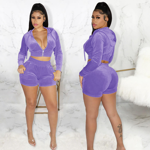 Conjunto de chándal de lona informal liso de 2 piezas de verano para mujer con capucha corta con cremallera y pantalones cortos de cintura alta traje de salón - Product Image 4