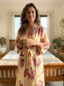 Floral Cotton Kimono Robe <b>Lightweight</b> Block Print <b>Dressing</b> <b>Gown</b> Boho Loungewear Beach Cover Up Indian Handmade - Product Image 6