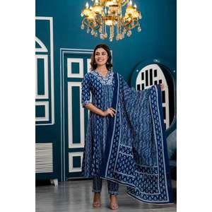 Anarkali Kurta azul índigo para mujer con pantalones y motivos étnicos Dupatta impresos ropa de Festival indio Salwar Kameez para niñas - Product Image 4