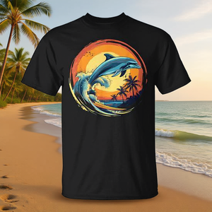 Camiseta con Diseño Promocional de Delfín Surfista al Atardecer en el Mar, para Amantes de los Deportes Acuáticos - Product Image 3