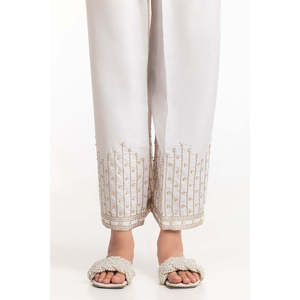 Pantalon large blanc 100% soie brute satinée, taille haute, brodé, respirant TR-24-26 - Product Image 3