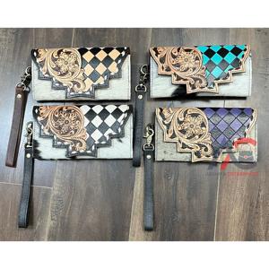 Nuevo Bolso de Mano de Cuero Vacuno Repujado a Mano para Mujer, Cartera de Cuero Genuino a Cuadros Estilo Occidental con Tarjetero y Correa para la Muñeca - Product Image 1
