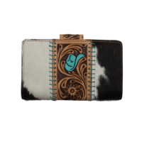 Portefeuille long pour femme en cuir de vachette véritable d'Argentine, fait main, avec motifs floraux western, chaînes, souple et grande capacité