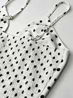 Robe longue décontractée pour femme à pois naturels, coupe trapèze, bretelles spaghetti, décolleté en V profond, détails perles, respirante, fluide et ample