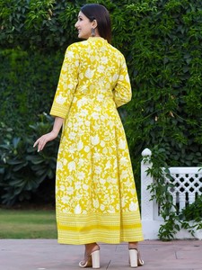 Robe décontractée de luxe pour femme, style ethnique de créateur, longueur genou, imprimé floral, en pur coton respirant, coupe trapèze, manches longues, col mandarin - Product Image 4