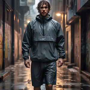 Conjunto de dos piezas de alta calidad, chaqueta cortavientos con capucha y cremallera, pantalones cortos impermeables estampados para montaña, senderismo, equipo de lluvia de invierno - Product Image 5