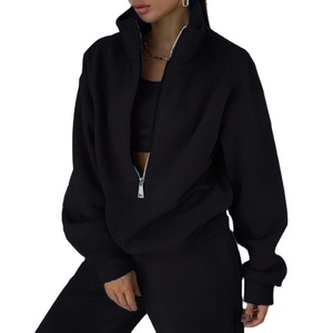 Femmes Logo personnalisé 2025 Sports d'hiver décontracté polaire survêtement longue longueur survêtement ensemble demi fermeture éclair à capuche col rond tissu gaufré - Product Image 6